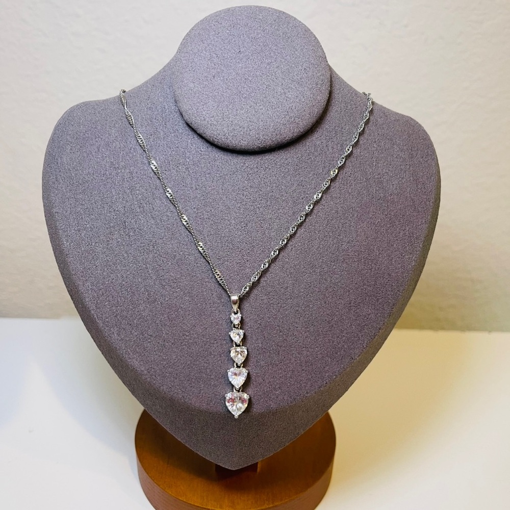 Silver Heart Drop Necklace with Clear Stones